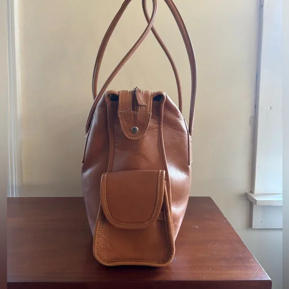 J. Crew Large Brown Leather Tote Bag Exterior Pockets Tan - Picture 6 of 14